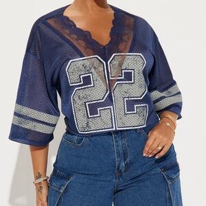 Dirtee Laundry Cropped Mesh Lace Front Jersey Top Oversized Blue XS
